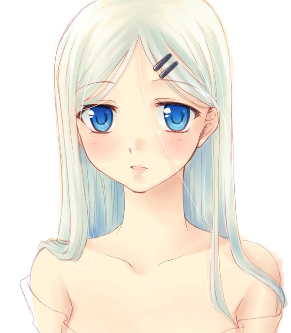 akasuga moyashi, moyasan, kisara (yu-gi-oh!), yu-gi-oh!, yu-gi-oh! duel monsters, silver hair, 1girl, bare shoulders, blue eyes, female focus, hair ornament, hairclip, long hair, solo