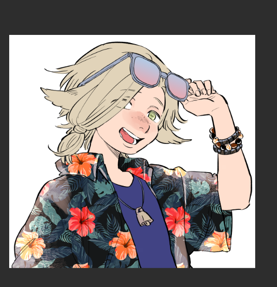 reaper (overwatch), original, commentary request, 1boy, adjusting eyewear, animal ears, ano amesuke, bell, black border, blonde hair, border, bracelet, eyewear on head, floral print, goat ears, green eyes, hair over one eye, hawaiian shirt, jewelry, male focus, necklace, shirt, solo, sunglasses