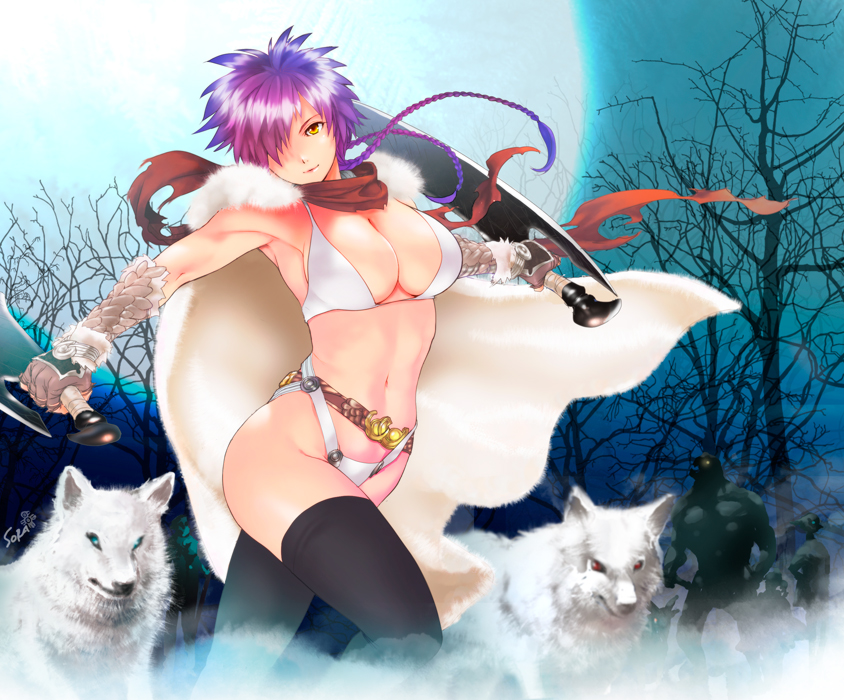 fujisaka kuuki, pixiv fantasia, pixiv fantasia 3, fur, 1girl, belt, bikini, black thighhighs, braid, breasts, cape, curvy, dual wielding, elbow gloves, gloves, hair over one eye, holding, large breasts, midriff, moon, muscular, nature, night, outdoors, purple hair, scarf, short hair, swimsuit, sword, thighhighs, twin braids, weapon, wolf