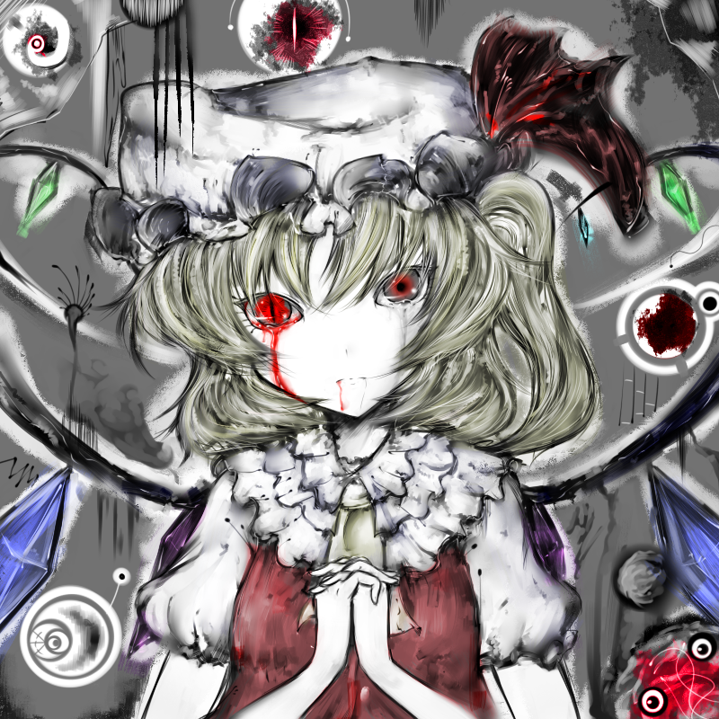 koohee, flandre scarlet, touhou, bad id, bad pixiv id, 1girl, blonde hair, blood, female focus, hat, one side up, ponytail, red eyes, short hair, side ponytail, solo, wings