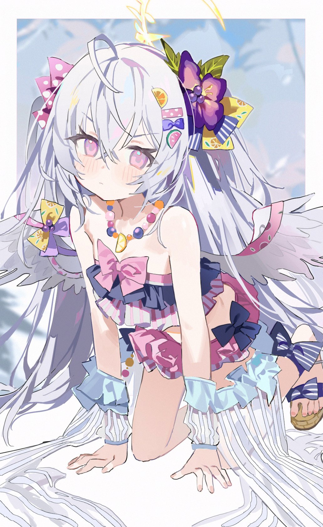 measho, azusa (blue archive), blue archive, highres, 1girl, ahoge, all fours, angel wings, bead necklace, beads, bikini, flower, food-themed hair ornament, frilled bikini, frills, hair between eyes, hair flower, hair ornament, halo, jewelry, long hair, necklace, pink hair, pink skirt, sandals, skirt, solo, swimsuit, white hair, wing ornament, wings, wrist cuffs, yellow halo