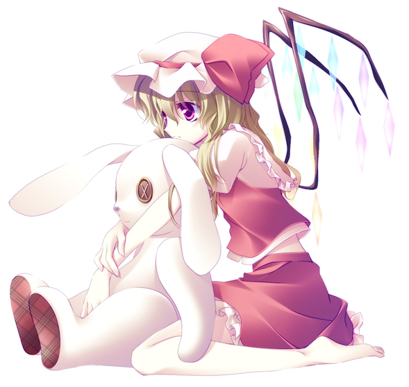 mitsuki (artist), motomiya mitsuki, flandre scarlet, touhou, 1girl, barefoot, blonde hair, blouse, doll, female focus, from side, full body, hat, kneeling, mob cap, red eyes, shirt, simple background, solo, white background, white hat, white shirt, wings
