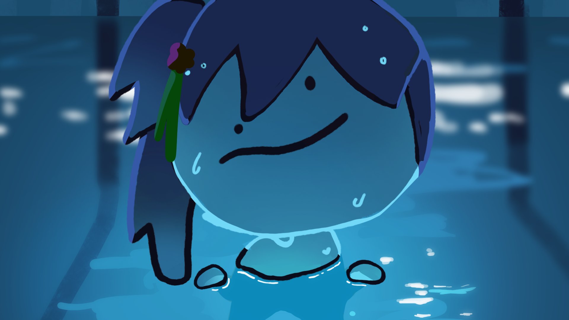 sunkeun, otomune kozue, chainsaw man, commentary request, highres, 1girl, chibi, chibi only, child's drawing, hair ornament, hanamiya nina (style), i'll teach you everything (chainsaw man), looking at viewer, partially submerged, pool, purple hair, side ponytail, solo, wet