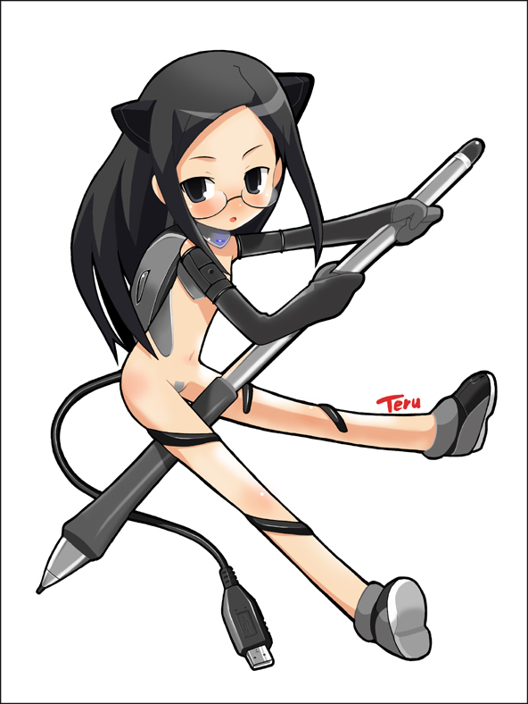 imaizumi teruhiko, original, tablet, 1girl, animal ears, black hair, cat ears, cat girl, cat tail, censored, computer mouse, female focus, glasses, loli, maebari, nude, pen, product girl, solo, stylus, tail, usb