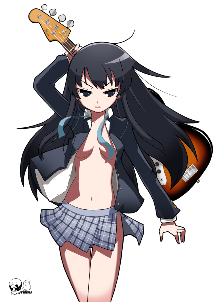 imaizumi teruhiko, akiyama mio, k-on!, 00s, 1girl, bass guitar, black hair, breasts, cleavage, female focus, guitar, instrument, long hair, navel, no bra, open clothes, open shirt, plaid clothes, plaid skirt, ribbon, school uniform, shirt, side slit, skirt, solo, underboob, white background