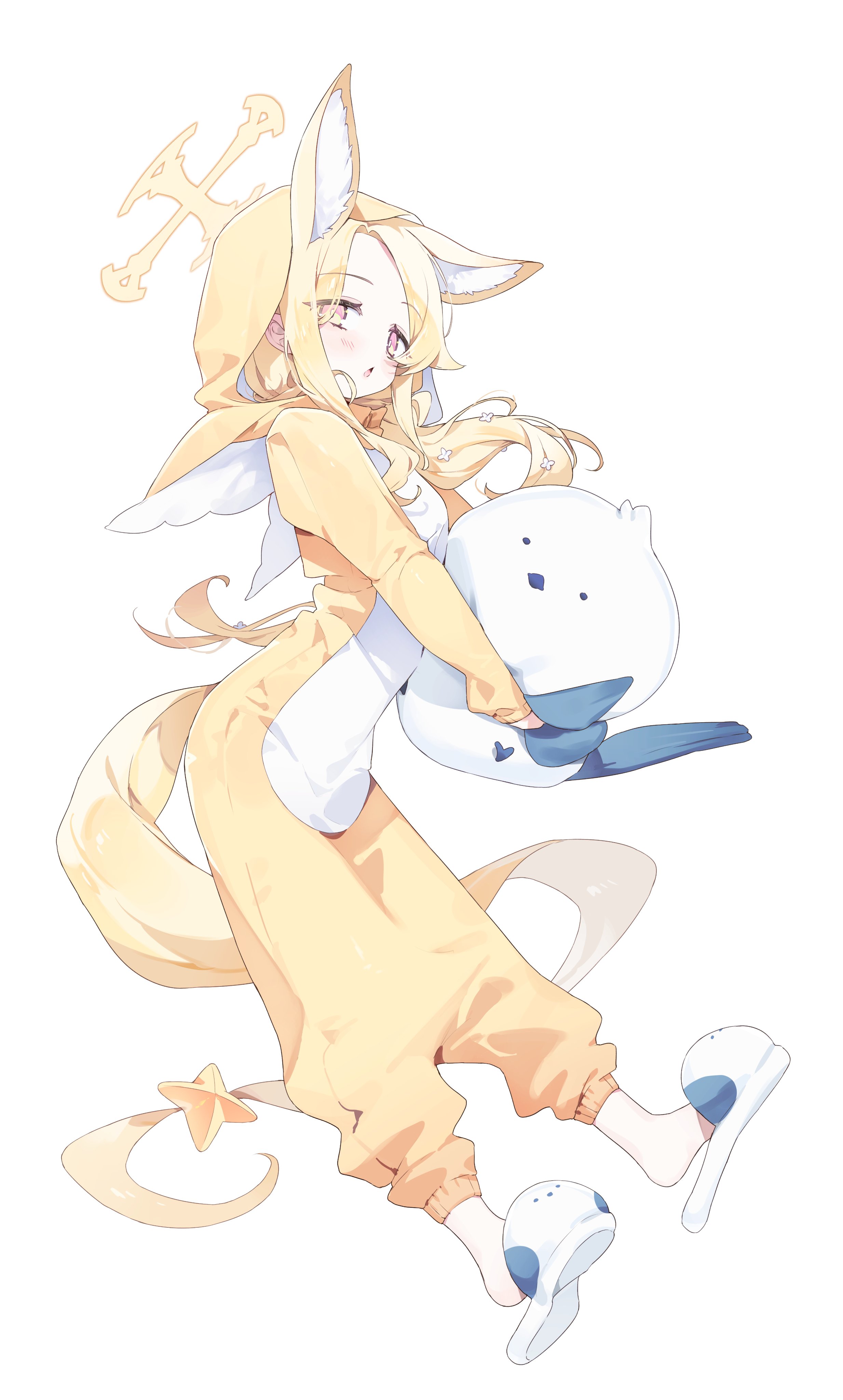 meunhongcha, seia (blue archive), blue archive, absurdres, highres, 1girl, alternate costume, animal ear fluff, animal ears, bird, cross halo, forehead, fox ears, fox girl, full body, halo, holding, holding stuffed toy, hood, hooded pajamas, long-tailed tit, looking at viewer, pajamas, slippers, stuffed animal, stuffed toy, tit (bird), white background, yellow halo