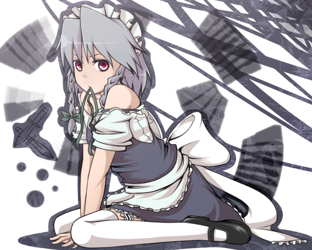 ibuki notsu, izayoi sakuya, embodiment of scarlet devil, touhou, silver hair, bad id, bad pixiv id, 1girl, braid, dress, female focus, garter straps, hairband, maid, maid headdress, mouth hold, red eyes, ribbon, short hair, solo, thighhighs, twin braids