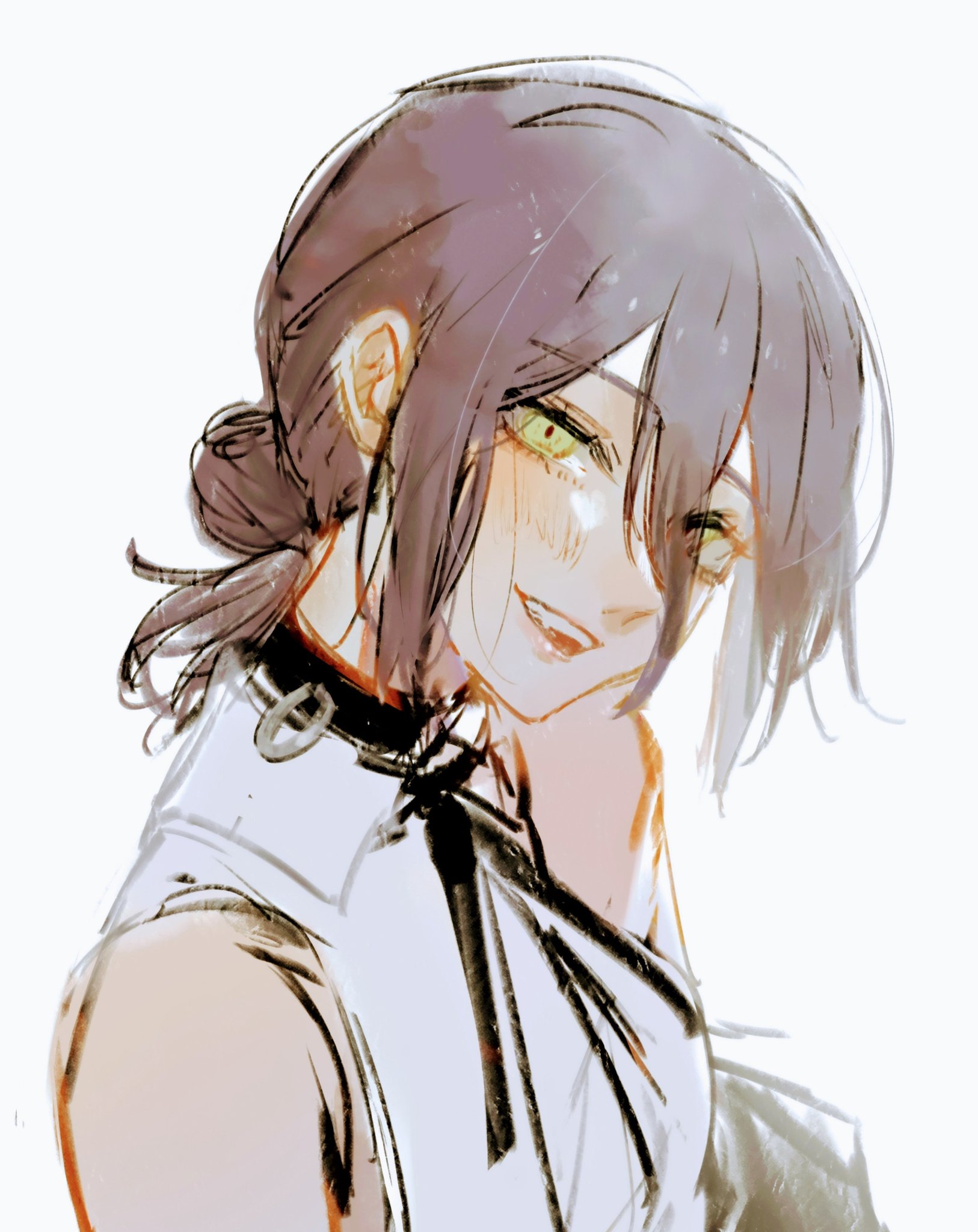 ringo 1046, reze (chainsaw man), chainsaw man, commentary request, highres, 1girl, black choker, black hair, black ribbon, blush, choker, collared shirt, gradient background, green eyes, grenade pin, grin, hair between eyes, hair bun, long hair between eyes, medium hair, neck ribbon, ribbon, shirt, sleeveless, sleeveless shirt, smile, solo, upper body, white background, white shirt