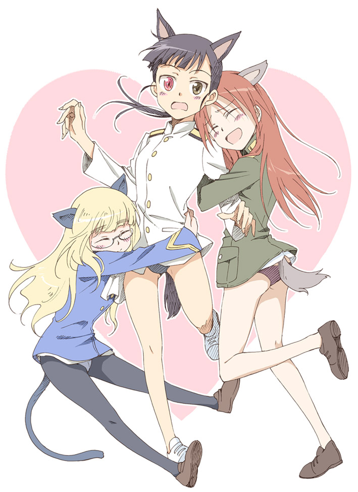 agahari, minna-dietlinde wilcke, perrine h. clostermann, sakamoto mio, strike witches, world witches series, uniform, 00s, 3girls, age difference, animal ears, blush, closed eyes, girl sandwich, glasses, heterochromia, hug, kneepits, multiple girls, onee-loli, open mouth, panties, panties under pantyhose, pantyhose, sandwiched, tail, underwear, yuri