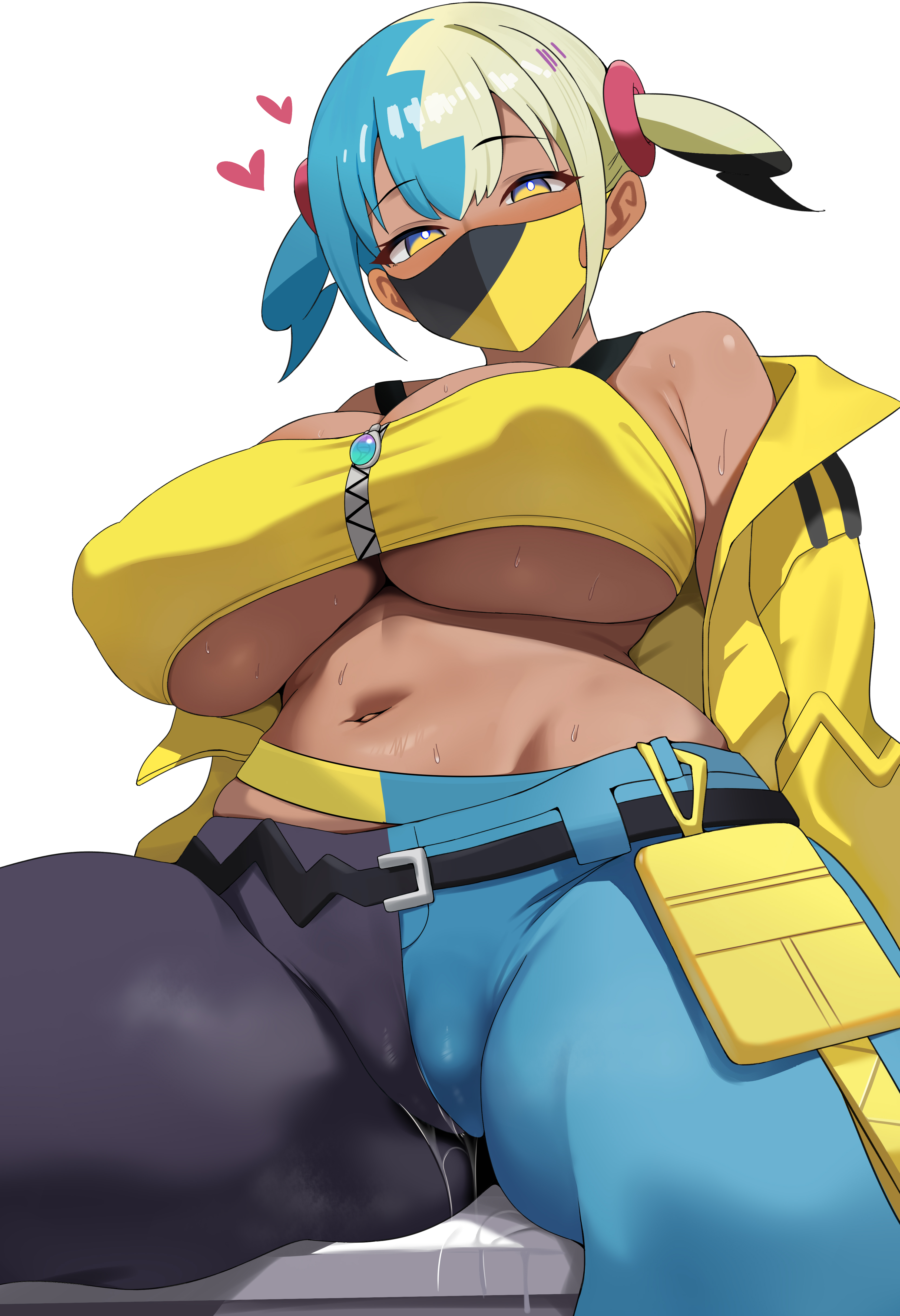 dush 1154, canari (pokemon), nintendo, pokemon, pokemon legends: z-a, absurdres, commentary request, highres, 1girl, alternate breast size (larger), aqua hair, aqua pants, bare shoulders, belt, black belt, black hair, black pants, blonde hair, blush, breasts, bright pupils, cleavage, crop top, dark-skinned female, dark skin, heart, huge breasts, jacket, looking at viewer, mask, mouth mask, multicolored eyes, multicolored mask, navel, open clothes, open jacket, pants, plump, pussy juice, pussy juice drip through clothes, simple background, sitting, solo, stomach, sweat, twintails, two-tone pants, underboob, white background, white pupils, yellow jacket