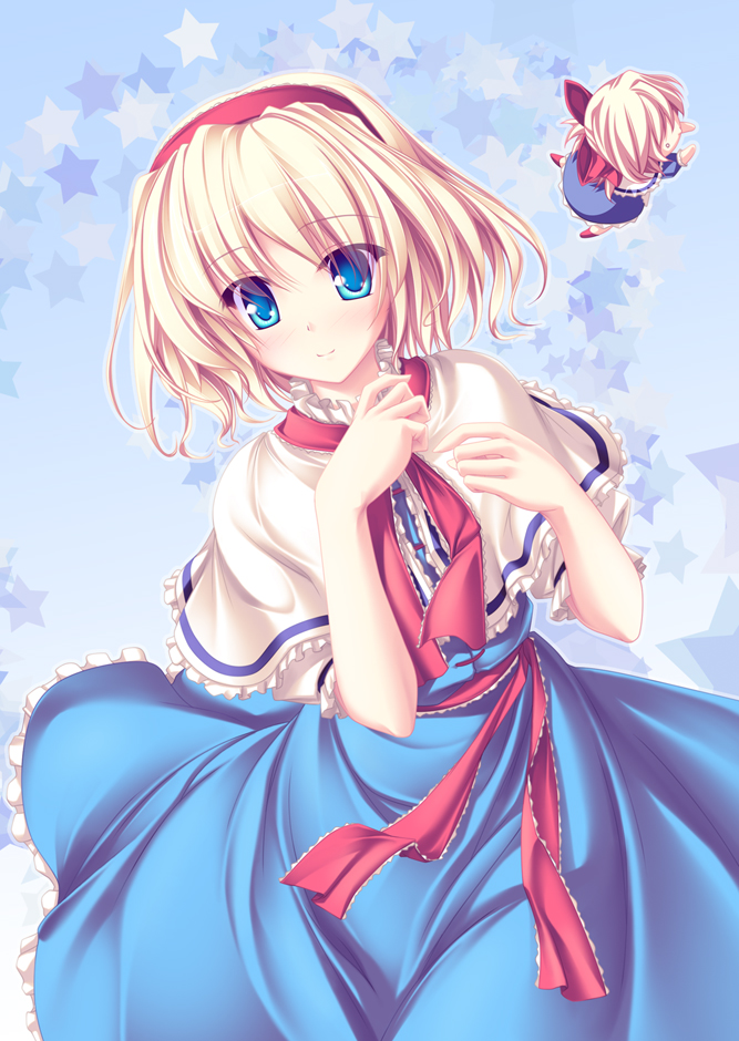 sou (pixiv), tenmaso, alice margatroid, shanghai doll, touhou, 1girl, blonde hair, blue eyes, blush, capelet, chibi, dress, dual persona, female focus, hairband, ribbon, short hair, smile, solo, star (symbol)