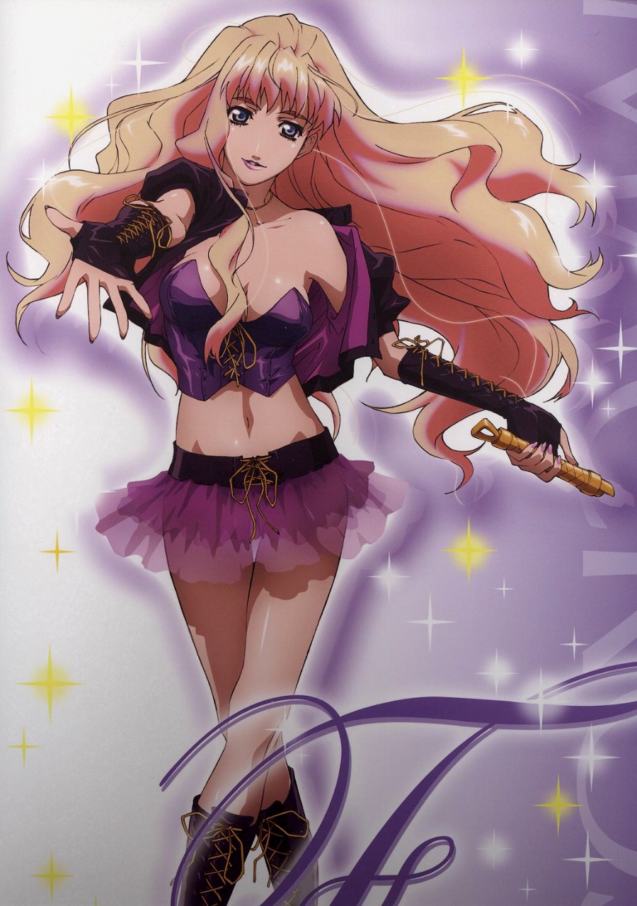 takahashi takashi, sheryl nome, macross, macross frontier, highres, official art, scan, 00s, 1girl, blonde hair, blue eyes, boots, breasts, bustier, cleavage, crossed legs, female focus, fingerless gloves, gloves, head tilt, knee boots, long hair, medium breasts, microphone, midriff, nail polish, navel, outstretched arm, outstretched hand, parted lips, see-through clothes, skirt, solo, sparkle, thigh gap