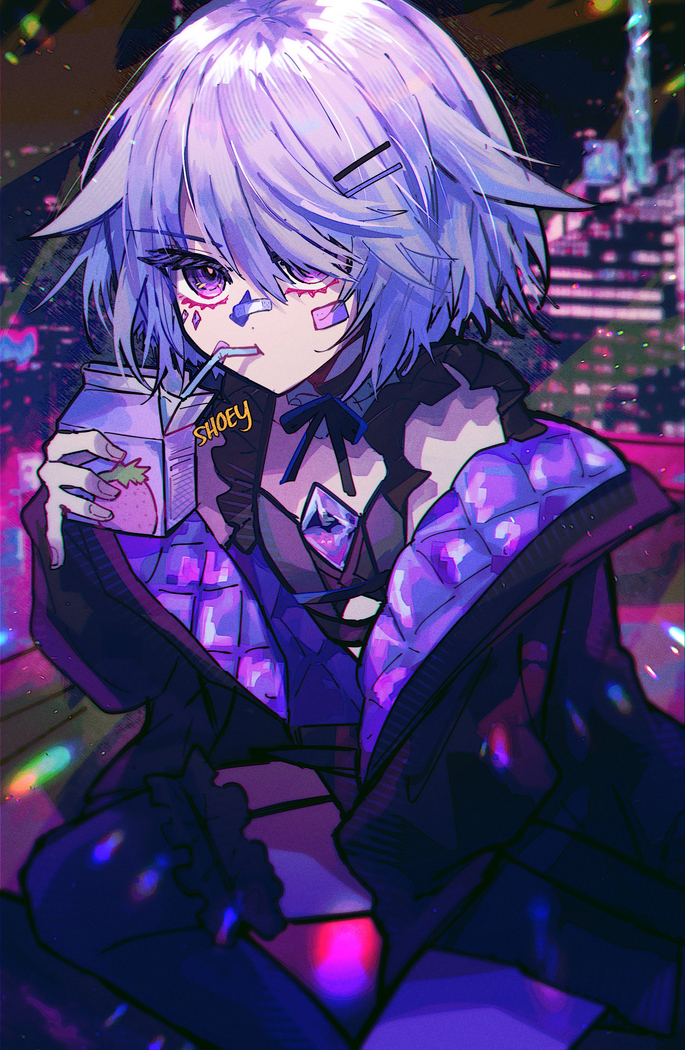 sshooooe, koseki bijou, koseki bijou (casual), holoadvent, hololive, absurdres, highres, 1girl, chest jewel, face jewel, gem, gem hair ornament, grey hair, hand jewel, jewel under eye, metal wings, multicolored gemstone, purple eyes, purple gemstone, purple hair, quilted jacket, virtual youtuber