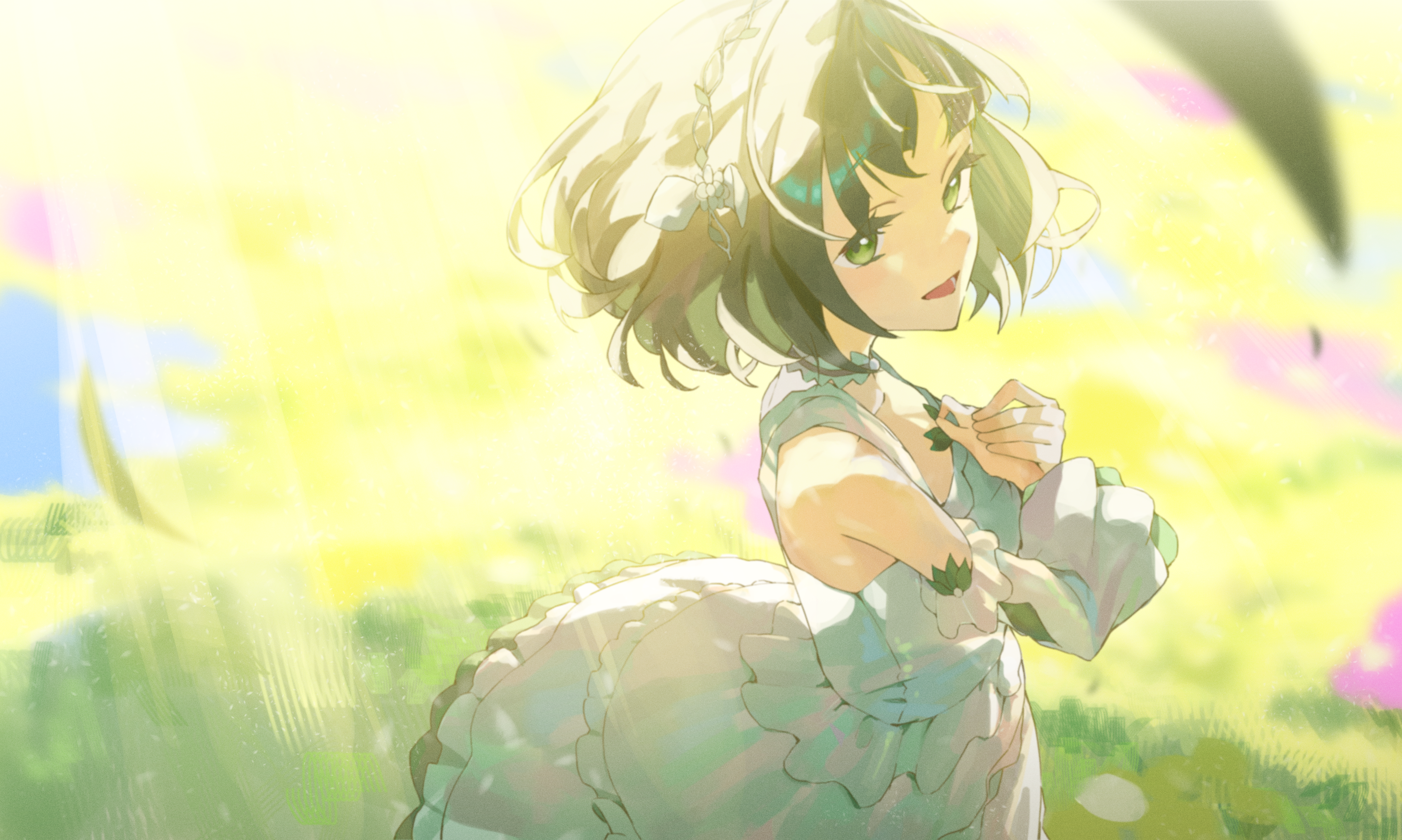 sunkeun, momose ginko, link! like! love live!, love live!, absurdres, commentary request, highres, 1girl, :d, armpit crease, bare shoulders, black hair, collarbone, cowboy shot, detached sleeves, dress, frilled dress, frilled sleeves, frills, green eyes, hands on own chest, hitoyo ni yume ga saku you ni, long sleeves, looking at viewer, official alternate costume, open mouth, outdoors, short hair, sleeveless, sleeveless dress, smile, solo, virtual youtuber, white dress, white sleeves