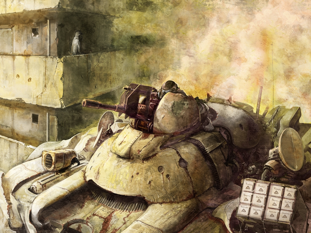 shirakaba, vehicle, bad id, bad pixiv id, 3boys, armor, building, damaged, gun, male focus, military, military vehicle, missile, motor vehicle, multiple boys, plate, ruins, soldier, tank, weapon