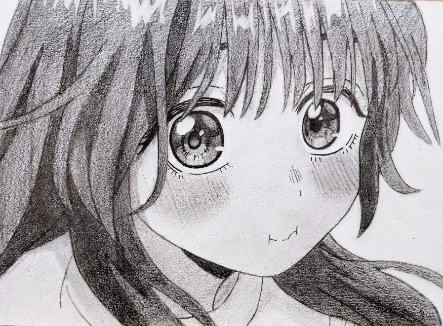waguri kaoruko, kaoru hana wa rin to saku, graphite (medium), traditional media, 1girl, :i, blush, closed mouth, eyebrows hidden by hair, greyscale, jeong (art yunseo0117), long hair, looking at viewer, monochrome, portrait, solo, split mouth, wispy bangs