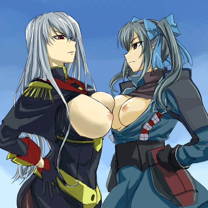 michael f91, edy nelson, selvaria bles, senjou no valkyria, senjou no valkyria (series), senjou no valkyria 1, 00s, 2girls, asymmetrical docking, bow, breast envy, breast press, breasts, brown eyes, gloves, grey hair, hair bow, hand on own hip, hip focus, large breasts, long hair, military, military uniform, multiple girls, nipples, open clothes, open shirt, pantyhose, red eyes, shirt, twintails