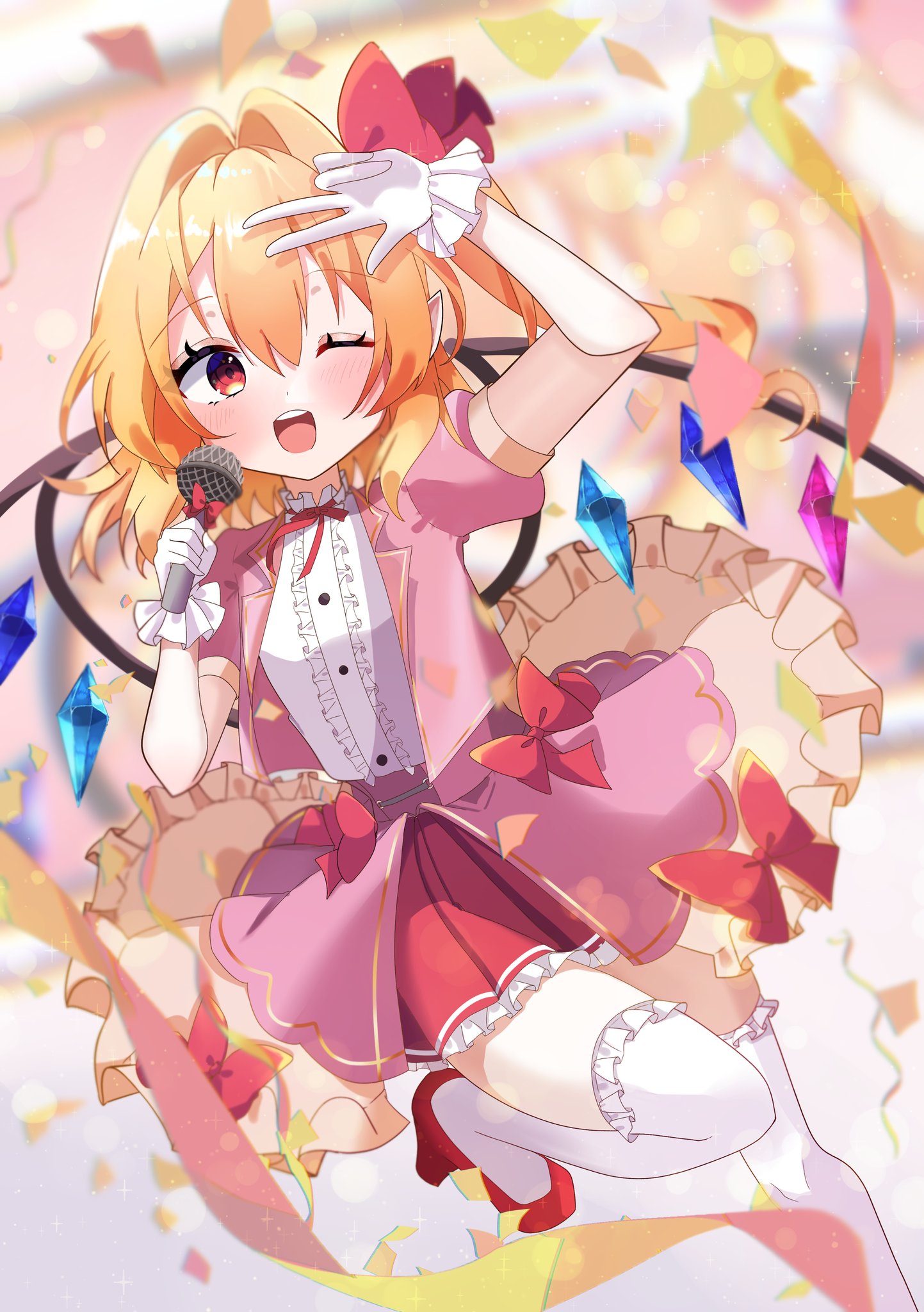iris (airisu495), flandre scarlet, touhou, highres, 1girl, ascot, blonde hair, crystal, crystal wings, frilled thighhighs, frills, hat, hat ribbon, high heels, laevatein (touhou), microphone, multicolored wings, open mouth, red eyes, red shoes, red vest, ribbon, ribbon trim, shoes, short hair, side ponytail, skirt, skirt set, smile, solo, thighhighs, v, vest, white thighhighs, wings, yellow ascot