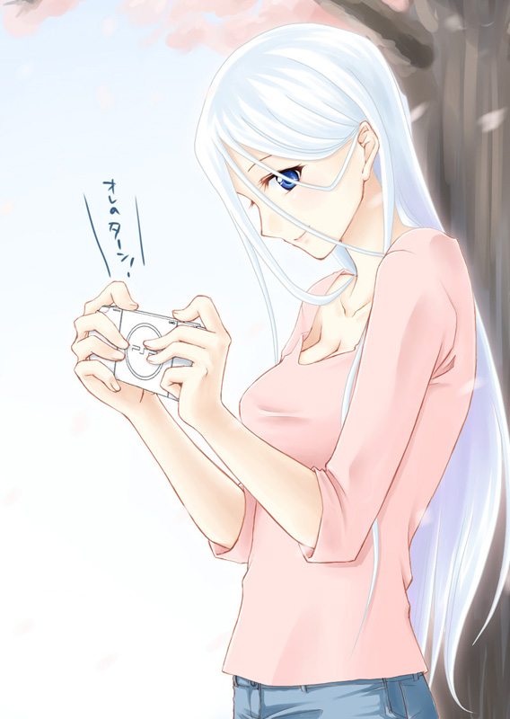 akasuga moyashi, moyasan, kisara (yu-gi-oh!), yu-gi-oh!, yu-gi-oh! duel monsters, 1girl, blue eyes, cherry blossoms, contemporary, female focus, handheld game console, long hair, petals, playing games, playstation portable, smile, solo, video game, white hair