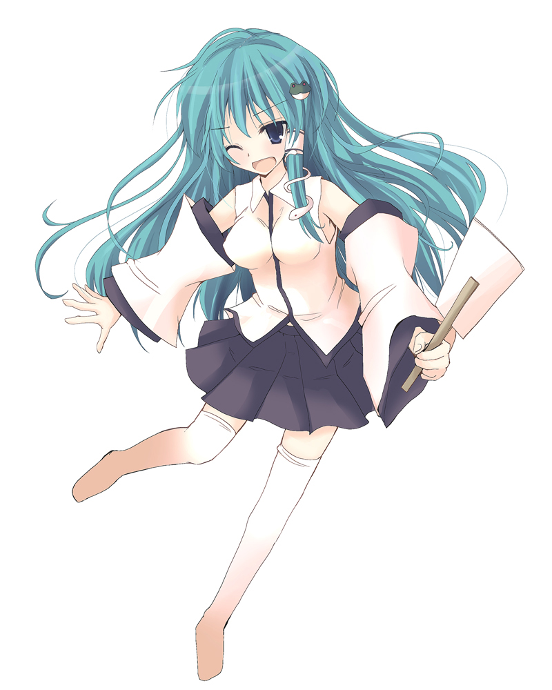 rikudou inuhiko, kochiya sanae, touhou, 1girl, blue eyes, detached sleeves, female focus, gohei, green hair, hair ornament, long hair, one eye closed, oonusa, solo, thighhighs, wink, zettai ryouiki