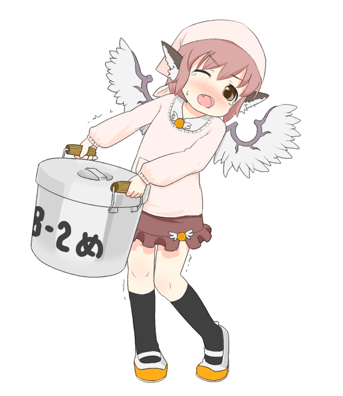 torque, mystia lorelei, touhou, 1girl, animal ears, blush, brown eyes, child, fang, female focus, full body, headscarf, kneehighs, mary janes, one eye closed, pink hair, shoes, short hair, simple background, skirt, socks, solo, standing, sweatdrop, sweater, tears, trembling, uwabaki, white background, white headscarf, wings, wink