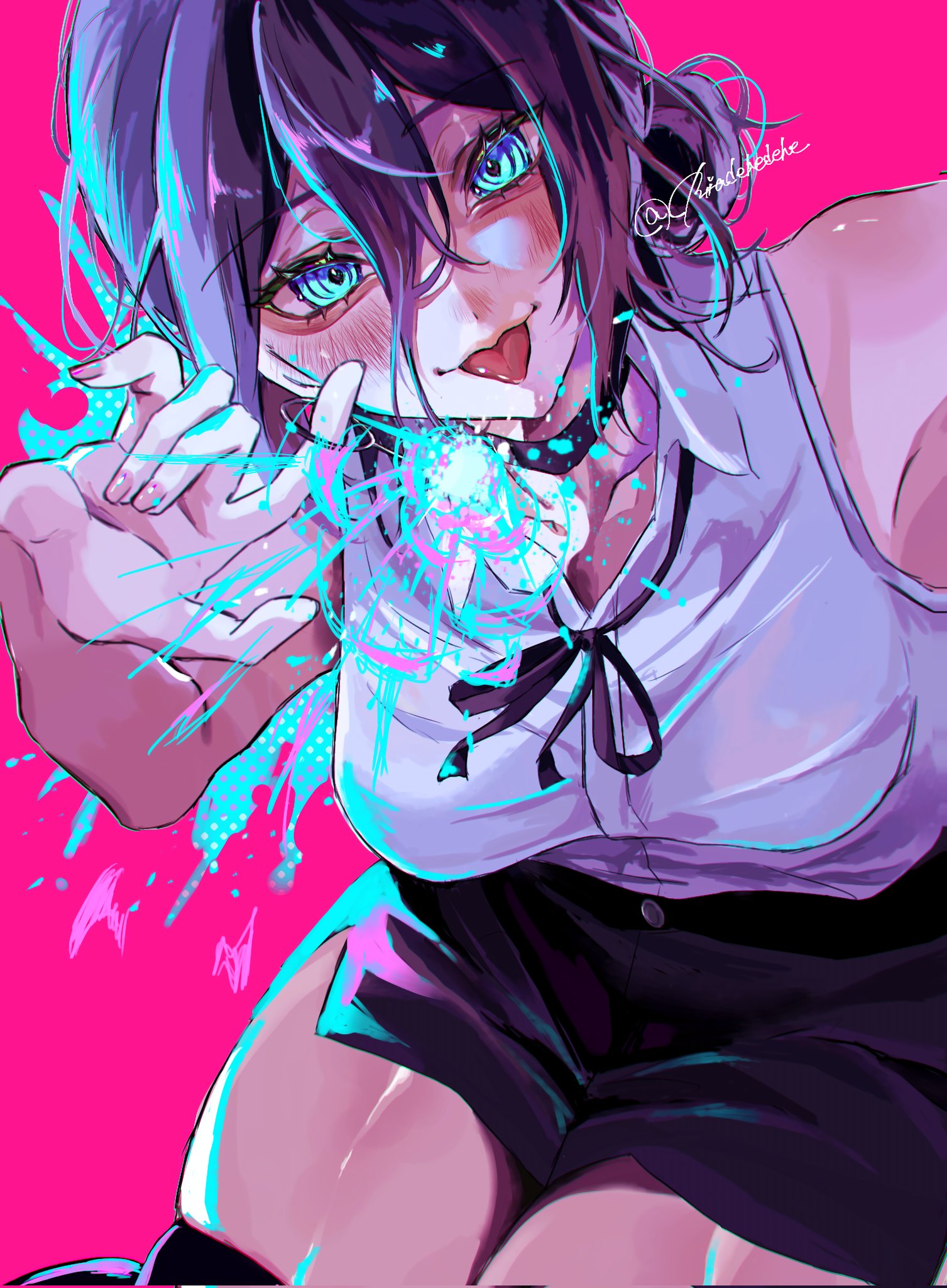 reze (chainsaw man), chainsaw man, commentary request, highres, 1girl, black choker, black ribbon, black shorts, blue eyes, blush, breasts, choker, collarbone, collared shirt, explosion, green eyes, grenade pin, hair between eyes, hair bun, hands up, long hair between eyes, medium breasts, medium hair, neck ribbon, pink background, purple hair, riadehedehe, ribbon, shirt, shorts, sitting, sleeveless, sleeveless shirt, thick thighs, thighs, tongue, tongue out, twitter username, white shirt