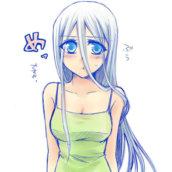 akasuga moyashi, moyasan, kisara (yu-gi-oh!), yu-gi-oh!, yu-gi-oh! duel monsters, silver hair, 1girl, :t, alternate costume, bare shoulders, blue eyes, blush, camisole, contemporary, female focus, long hair, pout, solo, sweatdrop