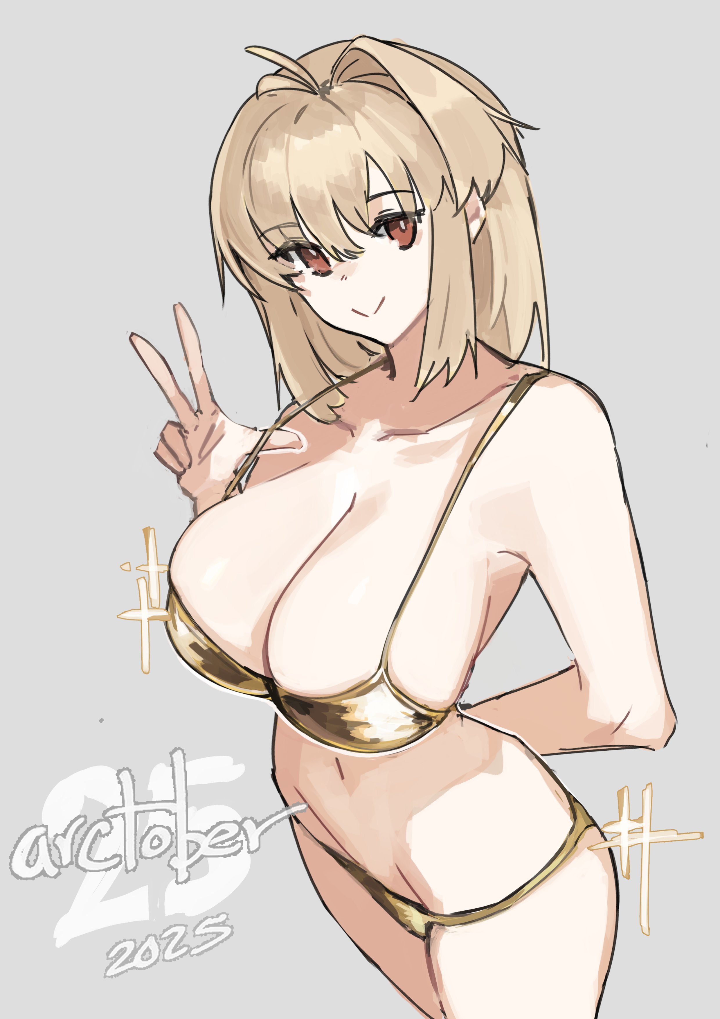 jonyeld, arcueid brunestud, tsukihime, absurdres, highres, ahoge, alternate breast size (larger), arm behind back, bikini, blonde hair, breasts, cleavage, english text, gold bikini, hair intakes, looking at viewer, red eyes, short hair, simple background, smile, swimsuit, thick thighs, thighs, v