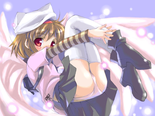 atsumuchi, hisakawa chin, tsukimiya ayu, kanon, 1girl, blush, female focus, panties, pantyshot, red eyes, short hair, solo, thighhighs, underwear, wings