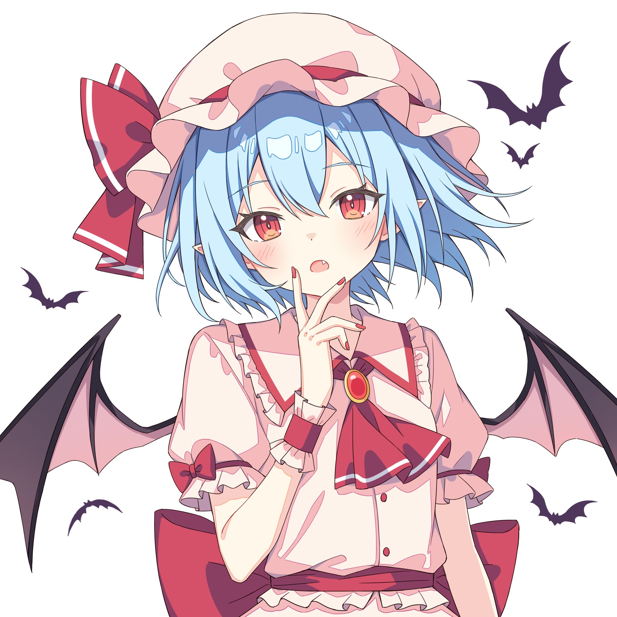 setteiset, remilia scarlet, touhou, highres, 1girl, ascot, bat (animal), bat wings, blue hair, blush, bow, dress, hat, hat ribbon, looking at viewer, mob cap, open mouth, pink hat, puffy short sleeves, puffy sleeves, purple hair, red ascot, red bow, red eyes, ribbon, short hair, short sleeves, siblings, sisters, smile, solo, wings