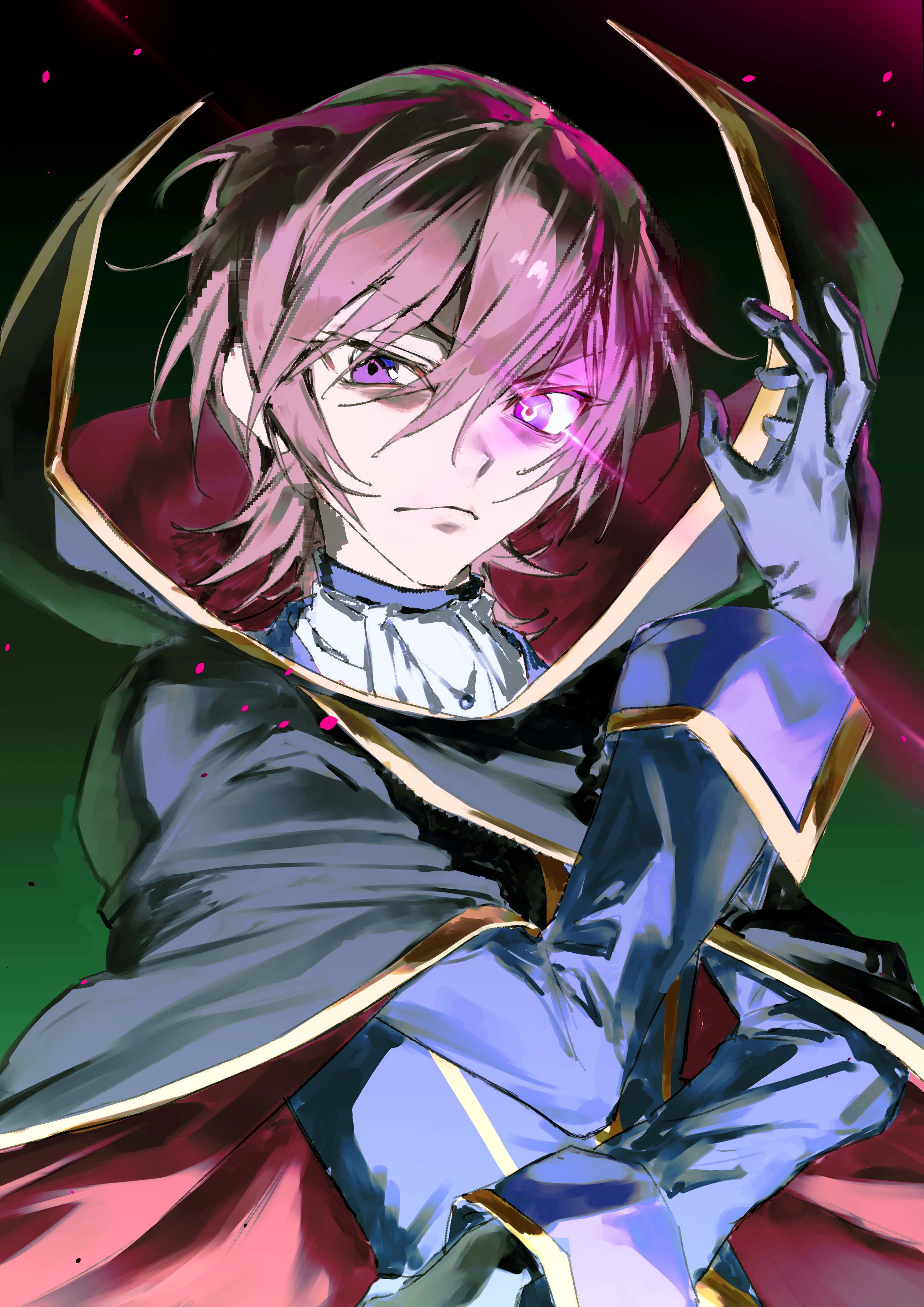333takoyaki, lelouch vi britannia, code geass, absurdres, commentary request, highres, 1boy, black cape, brown hair, cape, closed mouth, geass, gloves, glowing, glowing eye, hair between eyes, long sleeves, looking at viewer, male focus, purple eyes, purple gloves, red cape, simple background, solo, upper body