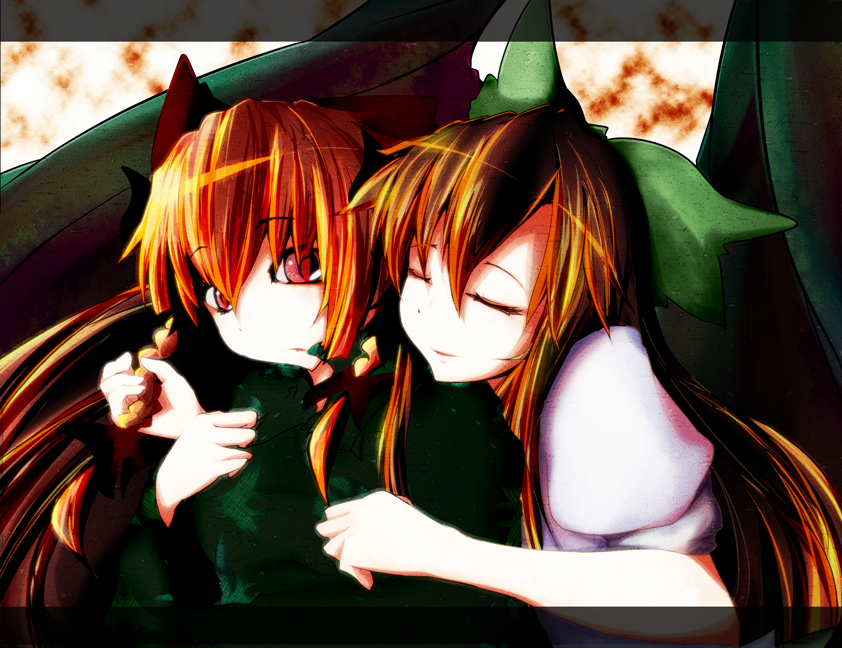 imoni, senoo arika, kaenbyou rin, reiuji utsuho, touhou, 2girls, animal ears, braid, brown hair, cat ears, cat girl, female focus, hug, long hair, multiple girls, red eyes, red hair, twin braids, wings