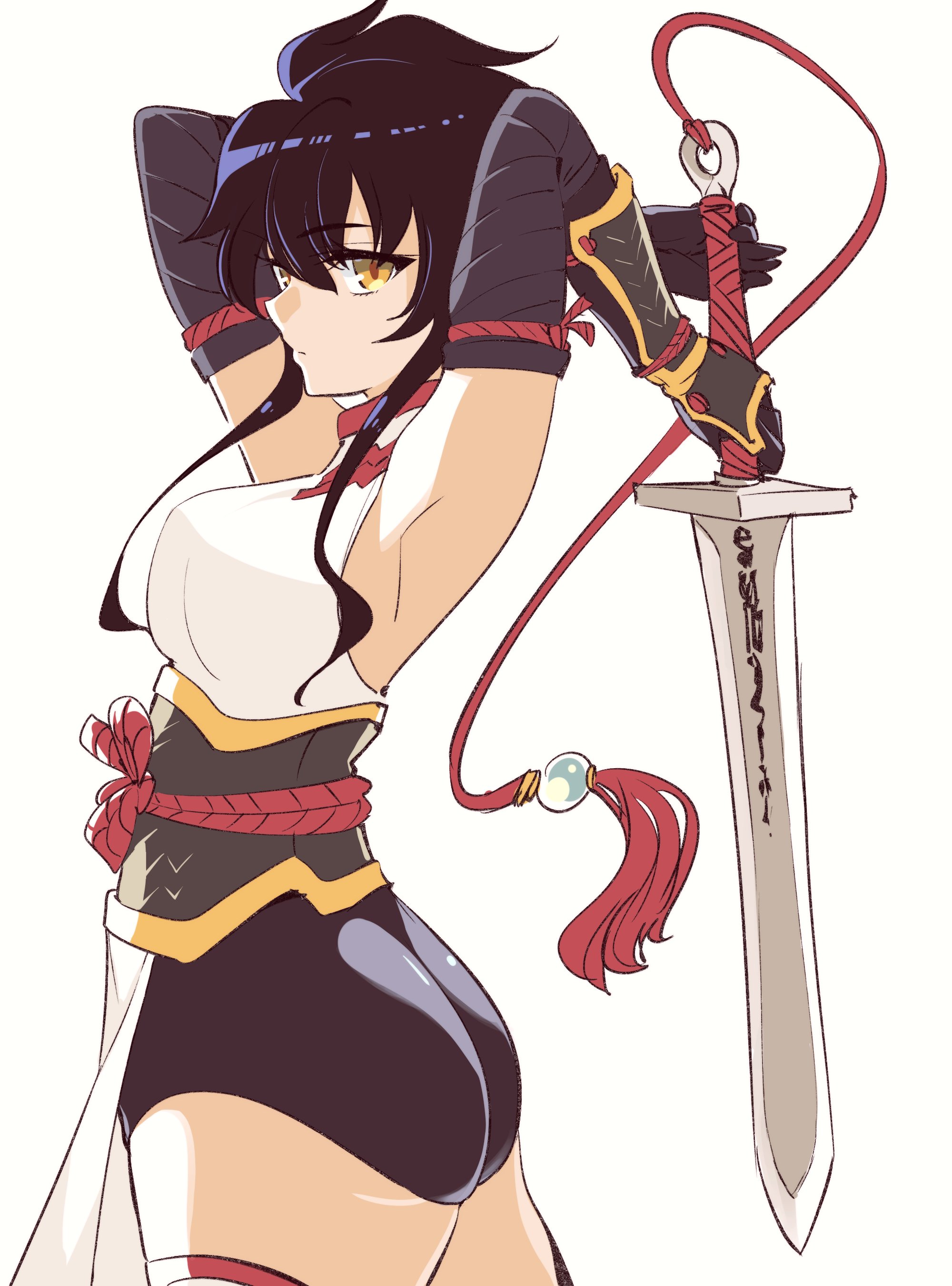 kato takuji, absurdres, highres, 1girl, ass, black hair, breasts, elbow gloves, gauntlets, gloves, holding, holding sword, holding weapon, leotard, long hair, ma no mono-tachi, simple background, sleeveless, sword, upper body, weapon, white background, yellow eyes