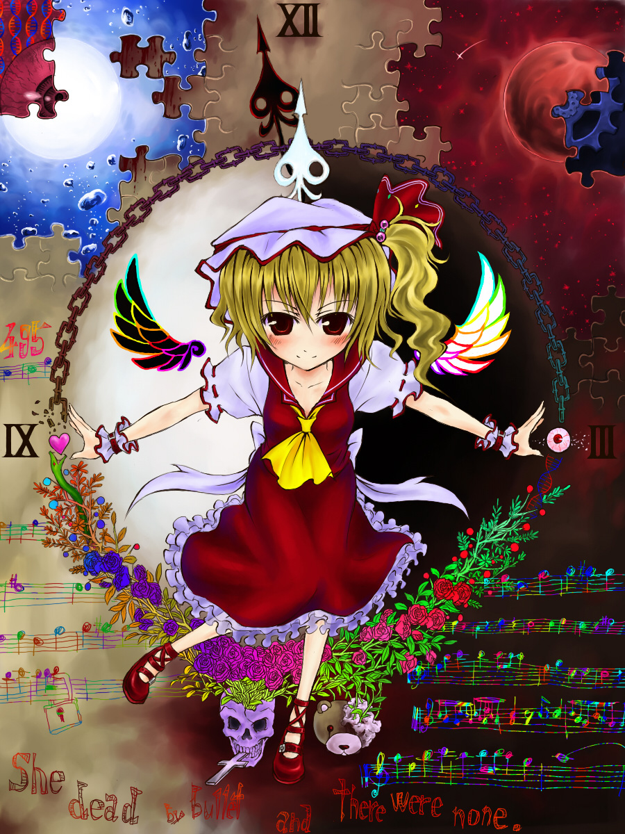 sandaime, flandre scarlet, touhou, highres, 1girl, alternate wings, blonde hair, clock, female focus, hat, moon, ponytail, puzzle, red eyes, short hair, side ponytail, solo, wings, wrist cuffs