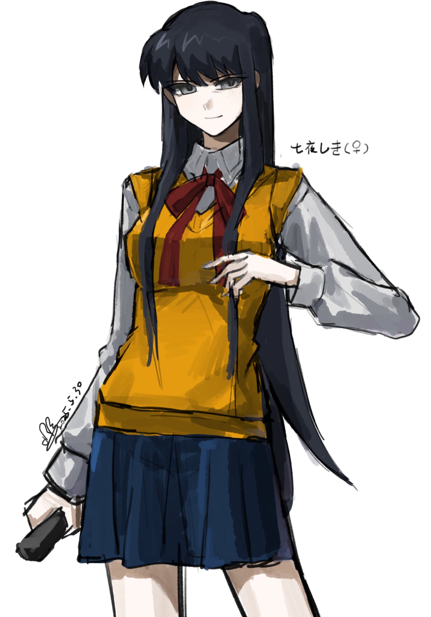 nanaya shiki, melty blood, tsukihime, artist request, highres, source request, 1girl, black eyes, black hair, breasts, fighting stance, folding knife, genderswap, genderswap (mtf), holding, holding weapon, knife, long hair, looking at viewer, nanatsu-yoru, red ribbon, ribbon, school uniform, shirt, signature, skirt, smirk, smug, switchblade, vest, weapon, white shirt, yellow vest