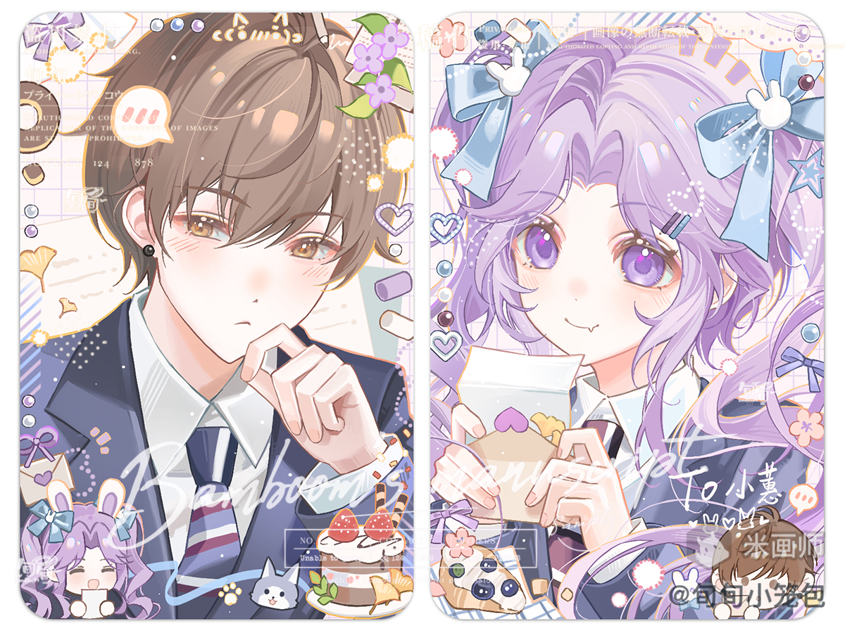 original, 1boy, 1girl, blue bow, blue jacket, blue necktie, border, bow, brown eyes, brown hair, closed mouth, collared shirt, fang, fang out, hair between eyes, hair bow, hand up, jacket, long hair, long sleeves, mihuashi username, necktie, parted bangs, portrait, purple eyes, purple hair, shirt, short hair, skin fang, smile, striped necktie, watermark, white border, white shirt, xun xun xiaolongbao