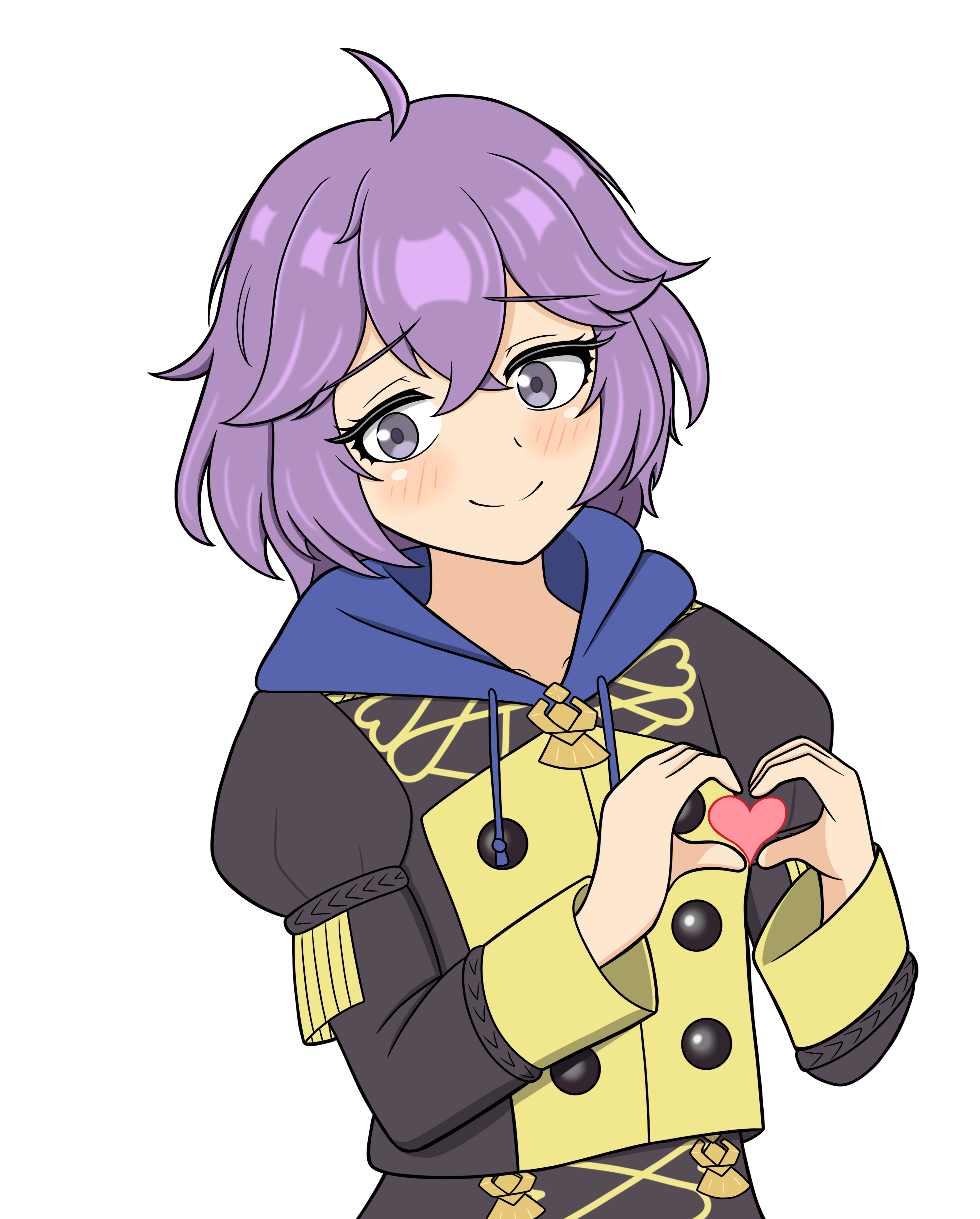 yoshio hentai, bernadetta von varley, fire emblem, fire emblem: three houses, nintendo, absurdres, commentary request, highres, 1girl, blush, garreg mach monastery uniform, grey eyes, heart, heart hands, hood, hood down, long sleeves, messy hair, purple hair, short hair, simple background, smile, solo, white background