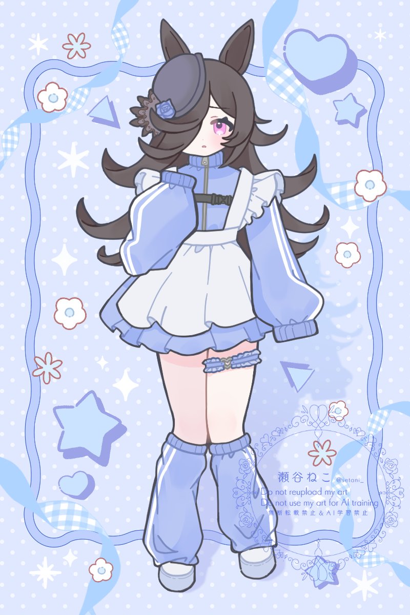 setani neco, rice shower (umamusume), umamusume, highres, 1girl, animal ears, blue flower, blue hat, blue rose, blush, brown hair, flipped hair, flower, hair over one eye, hat, hat flower, horse ears, horse girl, horse tail, long hair, looking at viewer, purple eyes, rose, solo, tail, tilted headwear