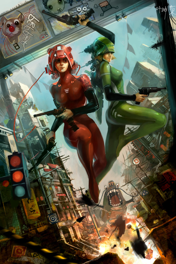 yap kun rong, original, pepper project, 2girls, blonde hair, bodysuit, city, dual wielding, explosion, gun, handgun, hands on own hips, helmet, holding, monster, multiple girls, revolver, road, street, traffic light, vanishing point, weapon