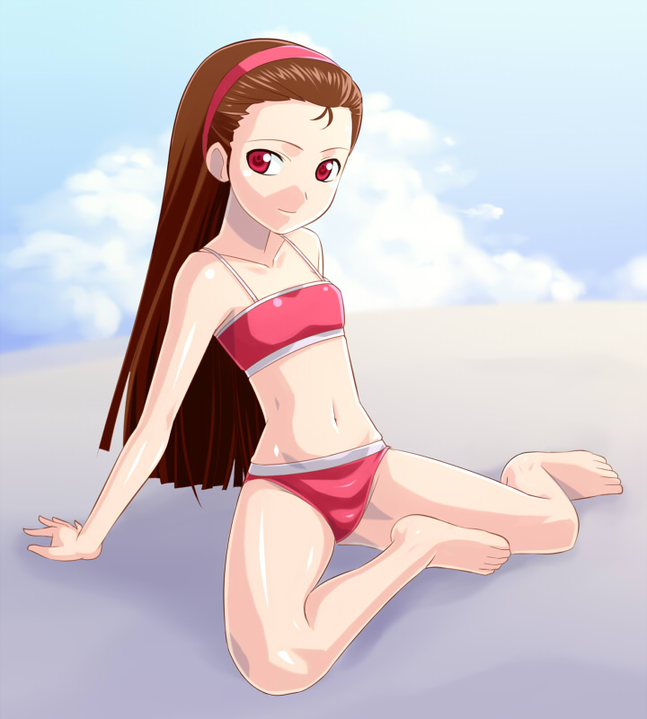 muhi11234, minase iori, idolmaster, idolmaster (classic), 00s, 1girl, arm support, bare shoulders, barefoot, bikini, brown hair, child, cloud, day, feet, female focus, flat chest, hairband, long hair, navel, red eyes, sitting, sky, smile, solo, swimsuit, yokozuwari