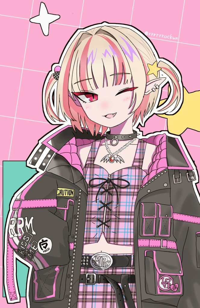 makaino ririmu, makaino ririmu (6th costume), nijisanji, 1girl, ;d, arm belt, belt, belt buckle, black belt, black collar, black jacket, blunt bangs, blush, buckle, caution, chain, chain necklace, clothes writing, collar, collarbone, colored inner hair, crop top, cross-laced clothes, cross-laced top, ear cuffs, fang, grey hair, grid background, hair bobbles, hair intakes, hair ornament, hand in pocket, jacket, jewelry, looking at viewer, loose belt, midriff, multicolored hair, multiple belts, navel, necklace, no headwear, one eye closed, open clothes, open jacket, open mouth, parted lips, pendant, pink background, pink belt, pink hair, pink jacket, pink skirt, pink streaks, plaid clothes, plaid skirt, pleated skirt, pointy ears, red eyes, rrrrrrockun, short hair, skirt, smile, solo, spiked collar, spikes, standing, star (symbol), star hair ornament, streaked hair, studded belt, twitter username, two-sided fabric, two-sided jacket, two-tone hair, two side up, unbuttoned, unzipped, upper body, virtual youtuber, wolf cut