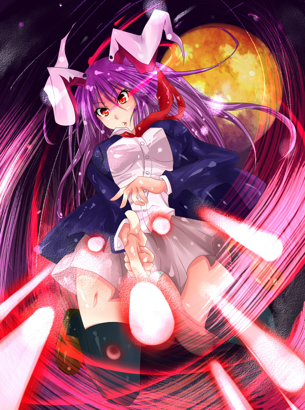 bajiru, reisen udongein inaba, touhou, bad id, bad pixiv id, highres, 1girl, animal ears, blazer, breasts, danmaku, female focus, finger gun, glowing, jacket, long hair, moon, necktie, outdoors, panties, purple hair, rabbit ears, red eyes, skirt, sky, solo, thighhighs, underwear