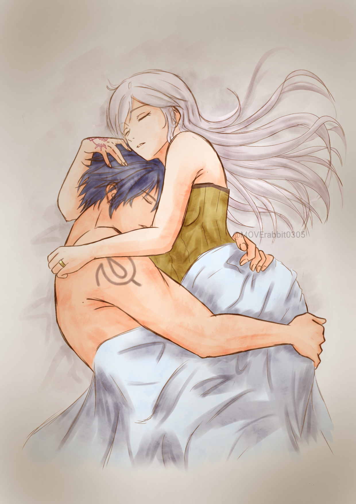 moverabbit0305, chrom (fire emblem), female robin (fire emblem), fire emblem, fire emblem awakening, intelligent systems, nintendo, highres, 1boy, 1girl, alternate costume, alternate hairstyle, armpit crease, bare arms, bare shoulders, bed sheet, blue hair, breasts, cleavage, closed eyes, couple, curled fingers, eyelashes, eyes of grima, hair down, hand on another's ass, hand on another's head, hand tattoo, hug, husband and wife, jewelry, long hair, medium breasts, neck, on bed, parted lips, partially undressed, ring, shared blanket, short hair, sidelocks, sleeping, spaghetti strap, swept bangs, tattoo, toned, toned male, topless male, wedding ring, white hair