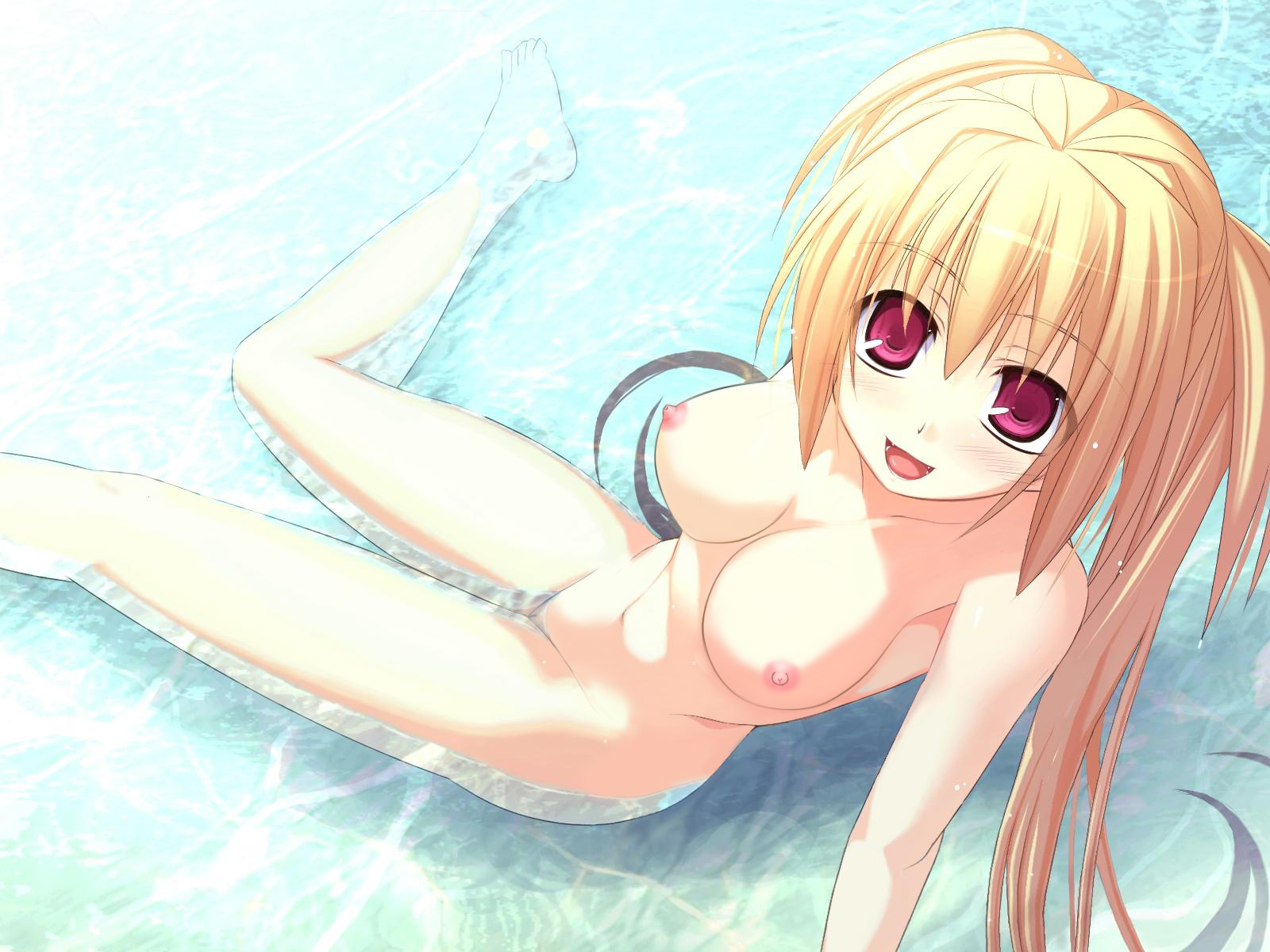 ninozen, chiba kirino, bamboo blade, highres, nude filter, third-party edit, 00s, 1girl, arm support, barefoot, blonde hair, breasts, female focus, large breasts, nipples, nude, open mouth, pussy, red eyes, solo, uncensored, water