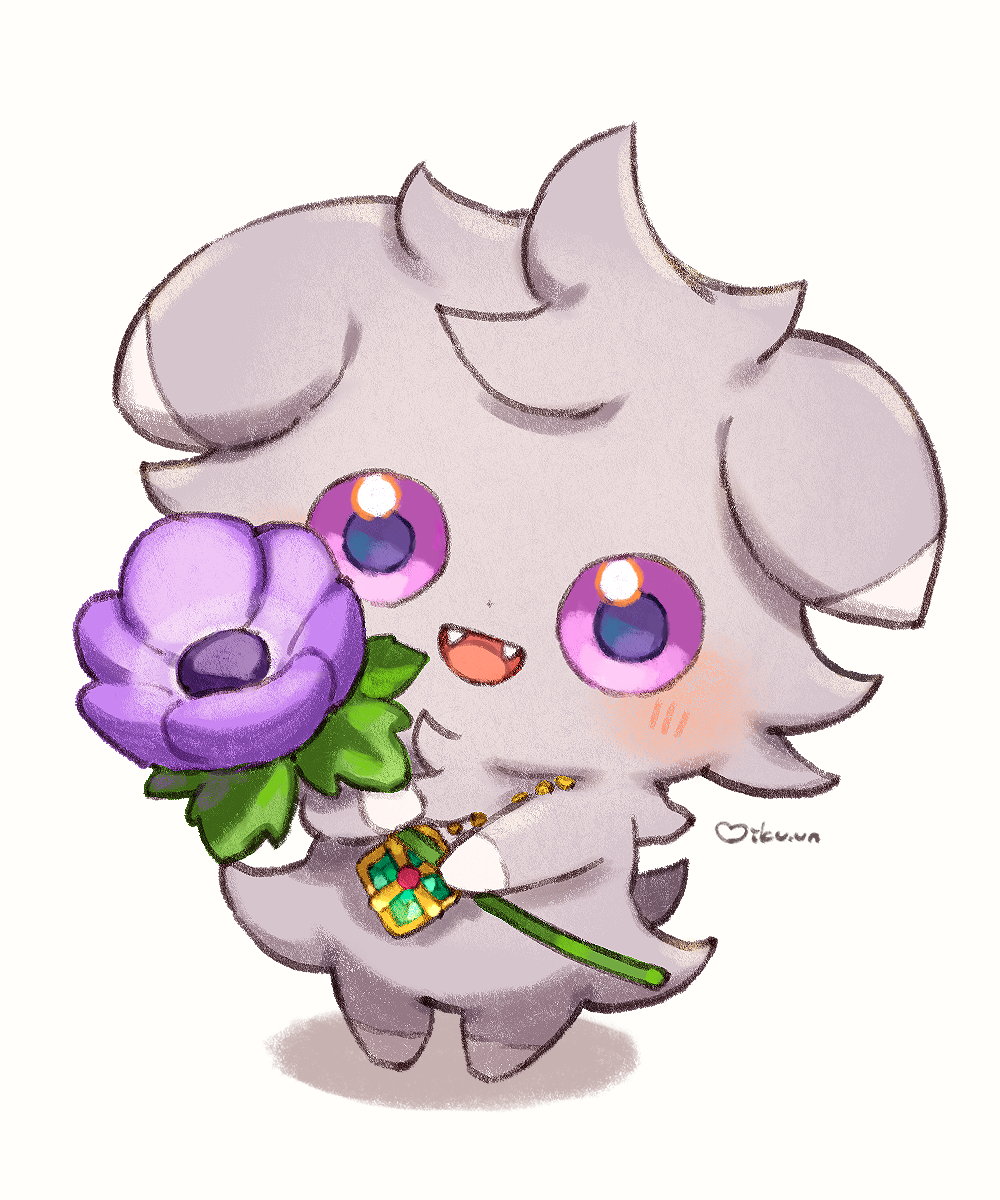 3ikurasan, espurr, nintendo, pokemon, commentary request, highres, :d, blush, fangs, flower, gen 6 pokemon, happy, holding, holding flower, no humans, open mouth, pokemon (creature), pokemon focus, purple eyes, purple flower, signature, smile, solo, standing, tongue, white background