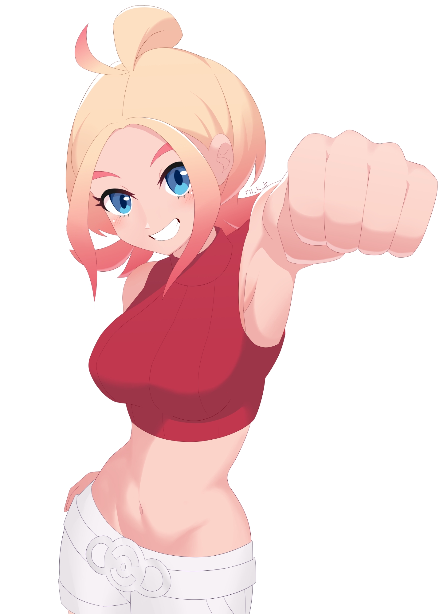 rii (rii k lr), taunie (pokemon), nintendo, pokemon, pokemon legends: z-a, commentary, highres, 1girl, armpits, bare shoulders, blonde hair, blue eyes, breasts, cowboy shot, crop top, cropped shirt, gradient hair, grin, groin, hair bun, hand on own hip, incoming fist bump, jacket, large breasts, looking at viewer, midriff, multicolored hair, navel, no jacket, parted bangs, pink hair, red shirt, ribbed shirt, shirt, short shorts, shorts, sidelocks, signature, simple background, sleeveless, sleeveless shirt, smile, solo, standing, teeth, turtleneck, turtleneck shirt, white background, white shorts