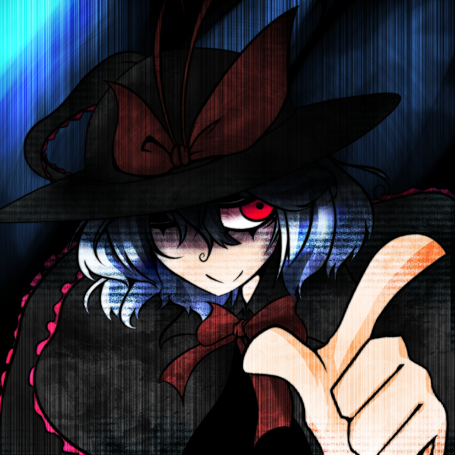 konohana saku, nagae iku, touhou, bad id, bad pixiv id, 1girl, blue hair, dark, female focus, hat, hat over one eye, red eyes, short hair, solo