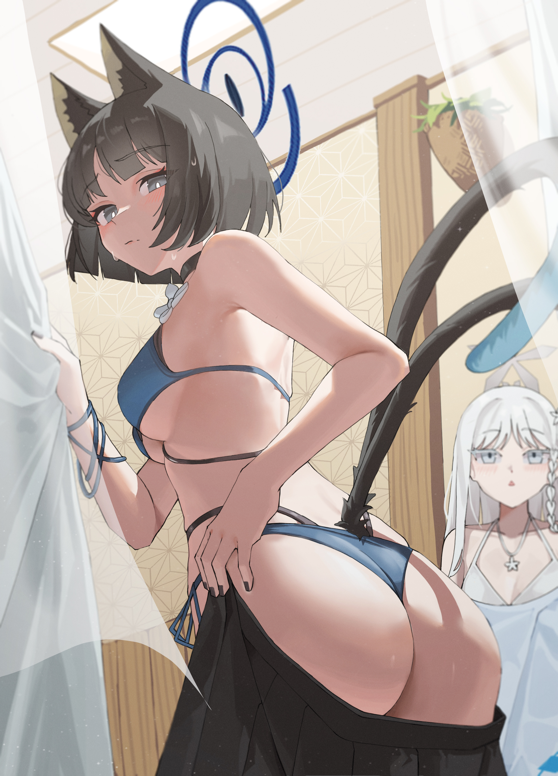 mahou gnome, kikyou (blue archive), kikyou (swimsuit) (blue archive), nagusa (blue archive), nagusa (swimsuit) (blue archive), blue archive, absurdres, highres, 2girls, animal ears, ass, ass focus, bed sheet, bikini, black bikini, black hair, black skirt, black tail, blue bikini, blue halo, blue tail, braid, breasts, bright pupils, cat ears, cat girl, cat tail, closed mouth, clothes pull, colored eyelashes, from behind, gradient tail, halo, jewelry, layered bikini, looking at viewer, medium breasts, multiple girls, multiple tails, necklace, official alternate costume, sheet grab, single braid, skirt, skirt pull, solo focus, star (symbol), star necklace, sweat, swimsuit, tail, two tails, undressing, white bikini, white hair, white pupils