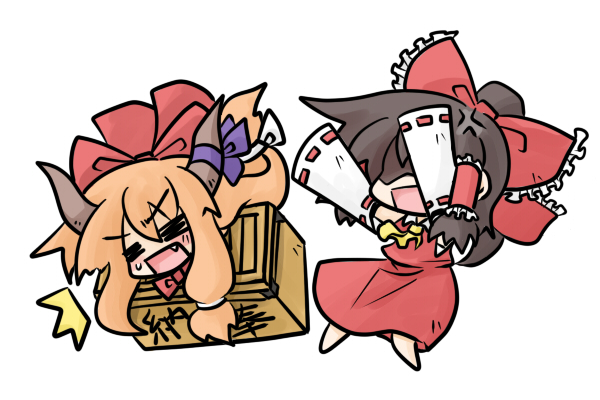 yanagi (nurikoboshi), hakurei reimu, ibuki suika, touhou, 2girls, angry, box, chibi, donation box, fang, female focus, full body, multiple girls, simple background, white background