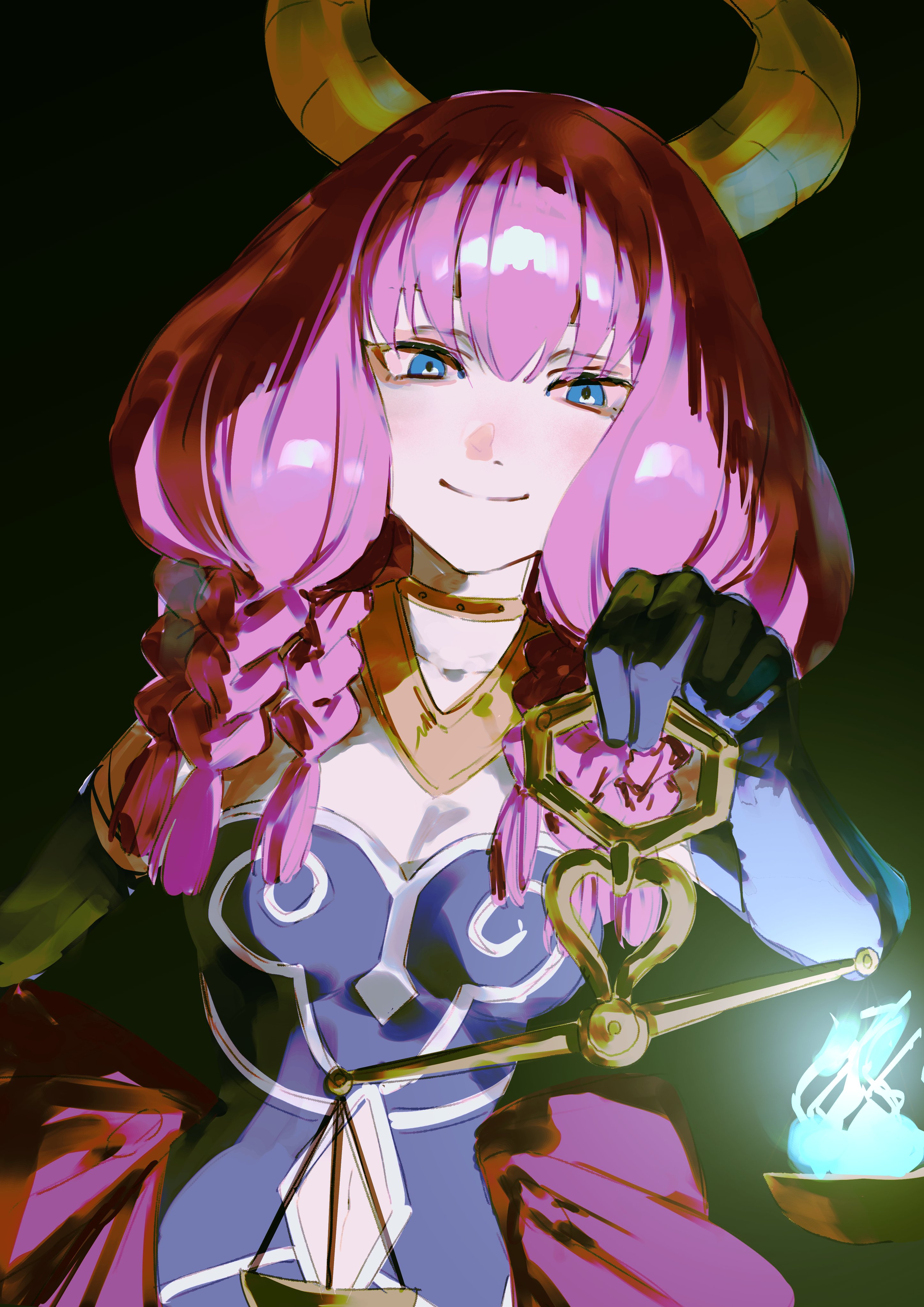 333takoyaki, aura (sousou no frieren), sousou no frieren, absurdres, commentary request, highres, 1girl, balance scale, black background, blue eyes, braid, breasts, clothing cutout, demon girl, demon horns, elbow gloves, gloves, glowing, hair between eyes, holding, horns, jewelry, looking at viewer, multiple braids, navel, navel cutout, purple gloves, purple hair, simple background, solo, upper body, weighing scale
